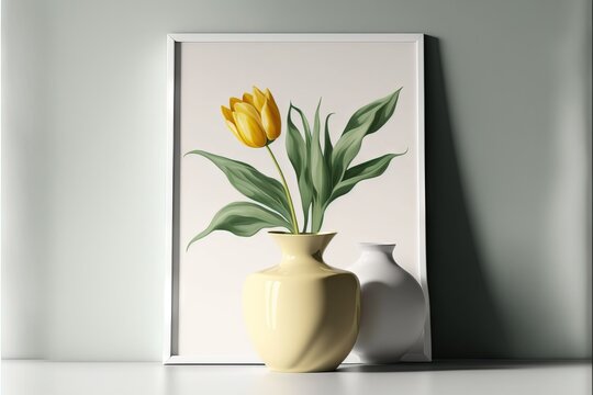 a painting of a yellow tulip in a vase next to a white vase with a green leafy stem.