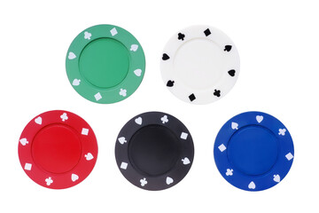 Five colored poker chips set. Without labels, isolated png with transparency