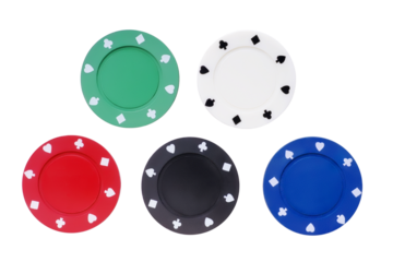 Five colored poker chips set. Without labels, isolated png with transparency