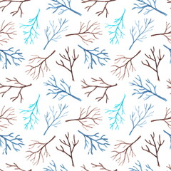 Seamless pattern of simple watercolor blue and brown branches isolated on a white background. For winter textile design.