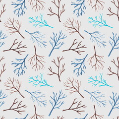 Seamless pattern of simple hand drawn watercolor blue and brown branches isolated on a white background. For winter textile design.