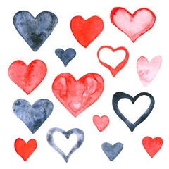 A collection of hand drawn red and blue watercolor hearts. For Valentines Day design.