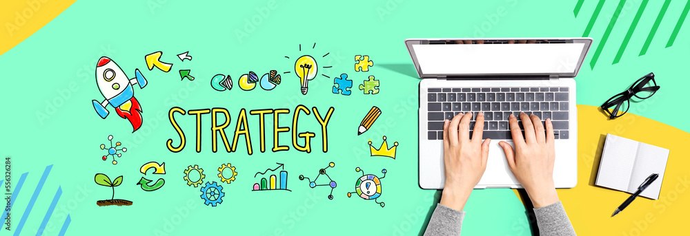 Poster strategy with person using a laptop computer
