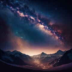 a night sky with a mountain range and a river running through it with a bright star filled sky above.