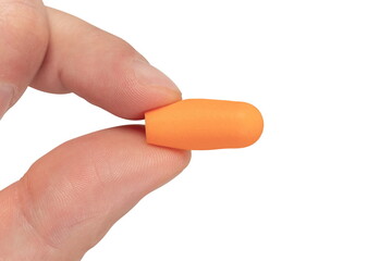 Human silicone earplugs hold fingers on white background