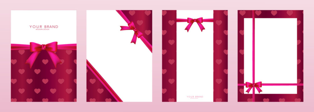 Holiday cover, frame design set. Luxury Valentine's pattern background with pink ribbon, bow. Elegant vector collection template for invite, vip card, greeting or gift card, award, packaging 