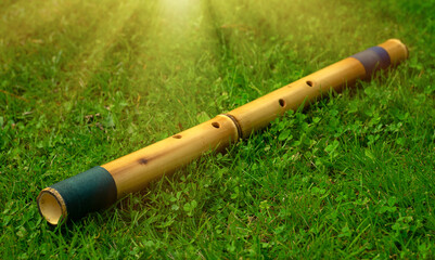 Bamboo flute for relaxing on the green grass in the garden. Music for relaxation. Shakuhachi wind musical instrument. - obrazy, fototapety, plakaty