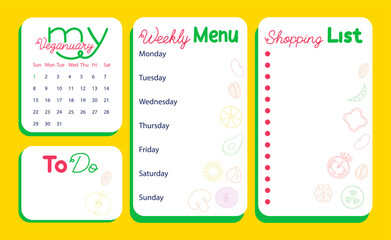 Veganuary calendar page and menu planner vector illustration. January go vegan challenge. Weekly menu, shopping and to do list decorated with doodle vegetables and nuts