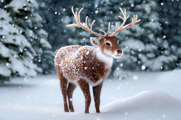 A reindeer in the snow for Christmas decoration. Generative AI.