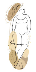 Beautiful woman silhouette and plant leaf in modern single line continuous style. The girl is overweight. The lady is standing. vector illustration.