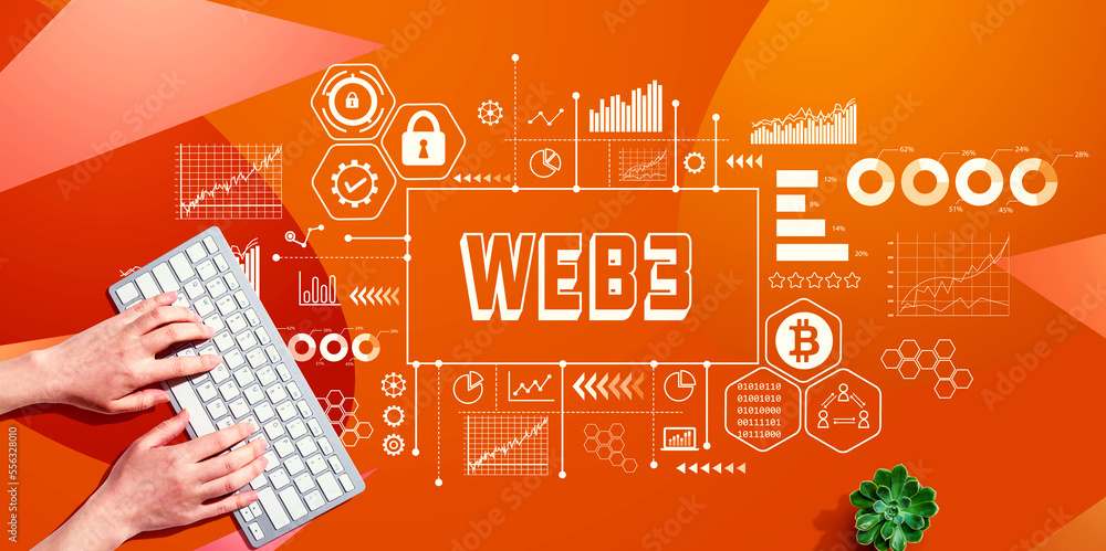 Aufkleber web3 theme with person using a computer keyboard