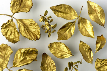 Golden leaves of wild berries with a twig and lingonberries on a white background.