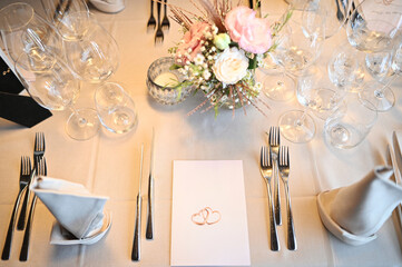 Table place, reserve card, menu mockup. Vintage fashion photography. Wedding dinner design. Beautiful dishware, traditional style.