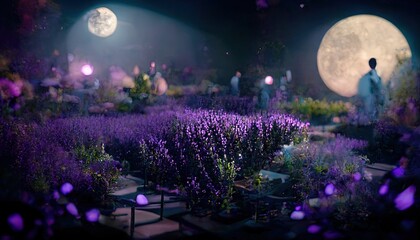 a field of lavender plants with a full moon in the background and people standing around it in the distance.