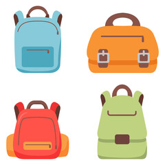Red backpack schoolbag.School green backpack with clasps. Vector flat illustration.Back to school.Education concept.Kids rucksack.Isolated on white background.