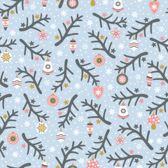 Christmas theme pattern with vintage toys and christmas tree branches. Vector illustrartion.