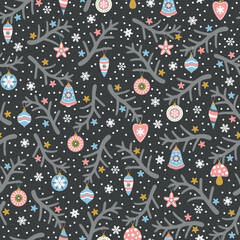 Christmas theme pattern with vintage toys and christmas tree branches. Vector illustrartion.