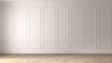 White empty interior in classic style. The light wall is decorated with moldings. Background modern rendering of an architectural interior. 3d render illustration mock up.
