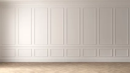 Fotobehang Per kamer White empty interior in classic style. The light wall is decorated with moldings. Background modern rendering of an architectural interior. 3d render illustration mock up.  © Tetiana