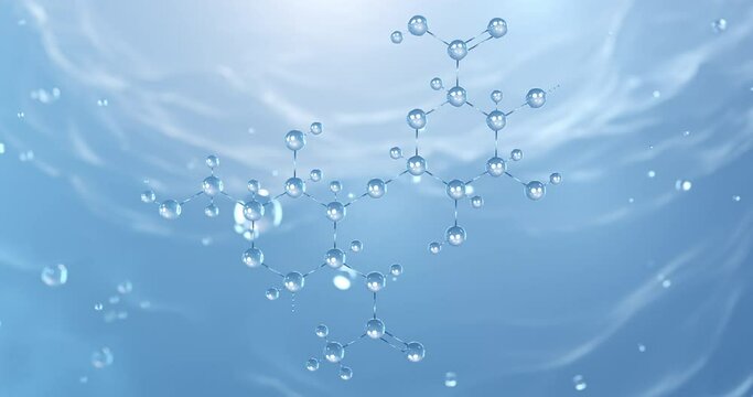 hyaluronic acid rotating serum molecular structure with rising air bubbles, blue liquid or collagen, 3d rendering view from a microscope