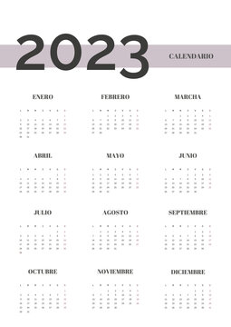 Colorful year 2023 calendar, in spanish isolated on white background. Vector template.