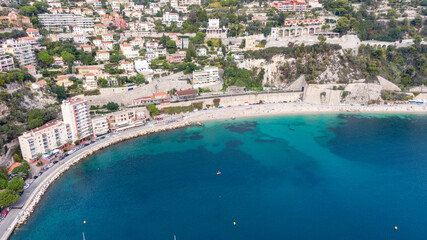 Fototapeta na wymiar Villefranche, small town in france, French Riviera, Drone view on coast and town