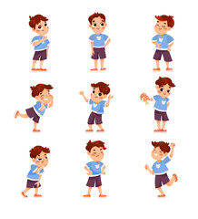 Funny Little Boy in Blue Sweatshirt Expressing Different Emotion Vector Set