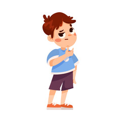 Funny Little Boy in Blue Sweatshirt Thinking Expressing Emotion Vector Illustration