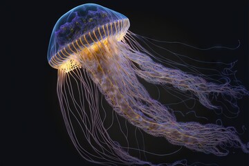 Obraz premium a jellyfish with a yellow light in its tentacles is swimming in the water.