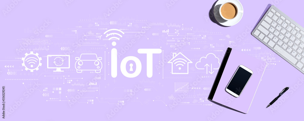 Poster iot theme with a computer keyboard and office items