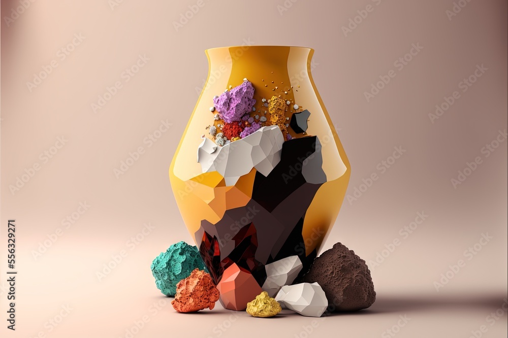 Poster a vase with a variety of rocks in it on a pink background with a pink background behind it and a pin
