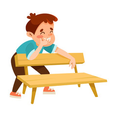 Fototapeta premium Little Boy Laughing Standing at Wooden Bench Playing Hide and Seek Game and Having Fun Vector Illustration