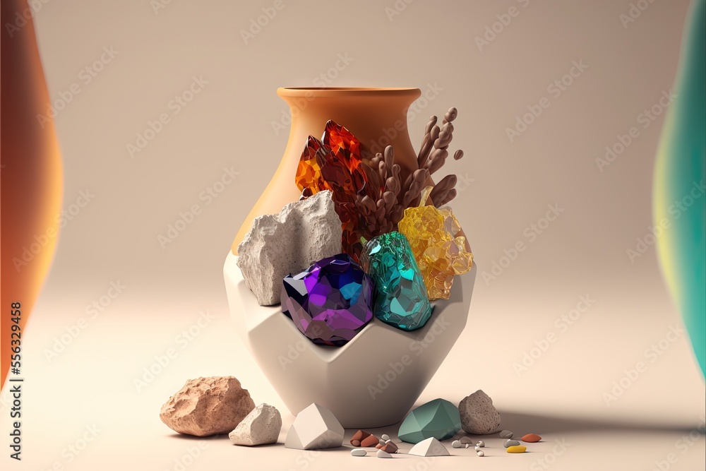 Poster a vase with rocks and stones in it on a table next to a vase with rocks and stones on it., generativ