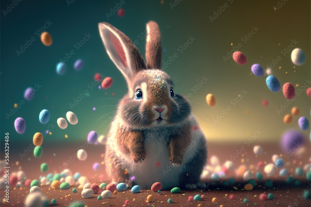 Poster a rabbit is sitting in a room with many colored balls around it and a blue sky behind it and a backg