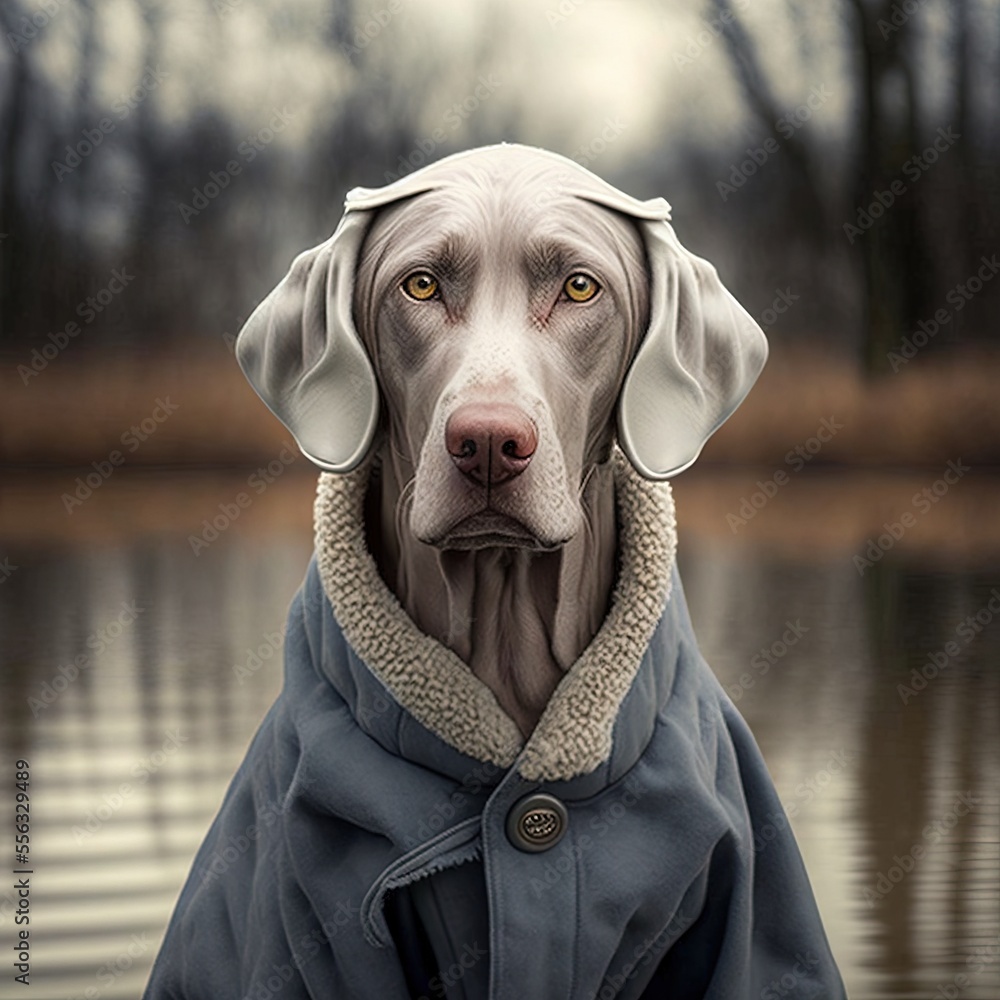 Poster a dog wearing a coat is standing in the water with trees in the background and a lake in the foregro