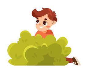 Little Boy Behind Bush Playing Hide and Seek Game and Having Fun Vector Illustration