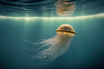 a jellyfish swimming in the ocean with a light shining on it's head and a light shining on its back. Generative AI - obrazy, fototapety, plakaty