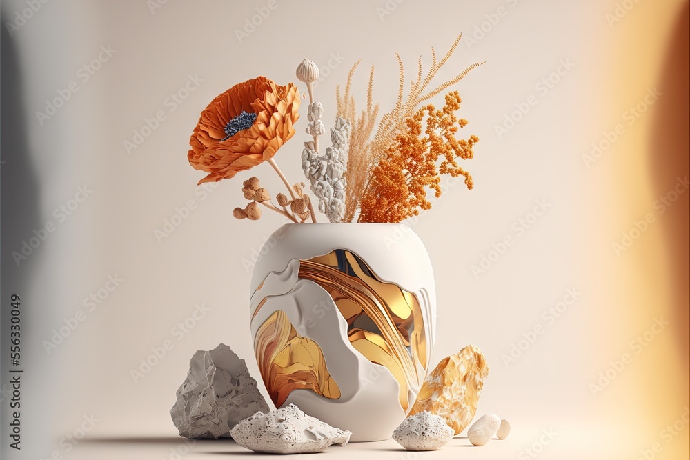 Poster a vase with flowers and rocks on a table top with a light background behind it and a white wall., ge