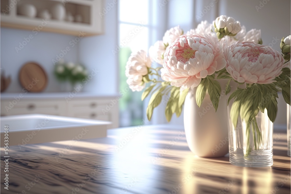Poster a table with a vase of flowers on it and a plate on the table in front of it with a window., generative ai