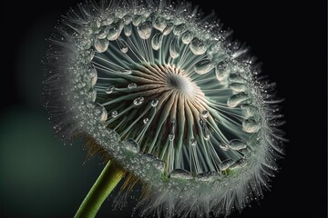 a dandelion with drops of water on it's petals and a black background with a green stem.
