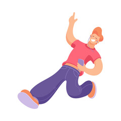Happy Man with Smartphone and Earphones Engaged in Active Motion Vector Illustration