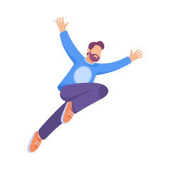 Fototapeta na wymiar Happy Bearded Man Jumping Engaged in Active Motion Vector Illustration