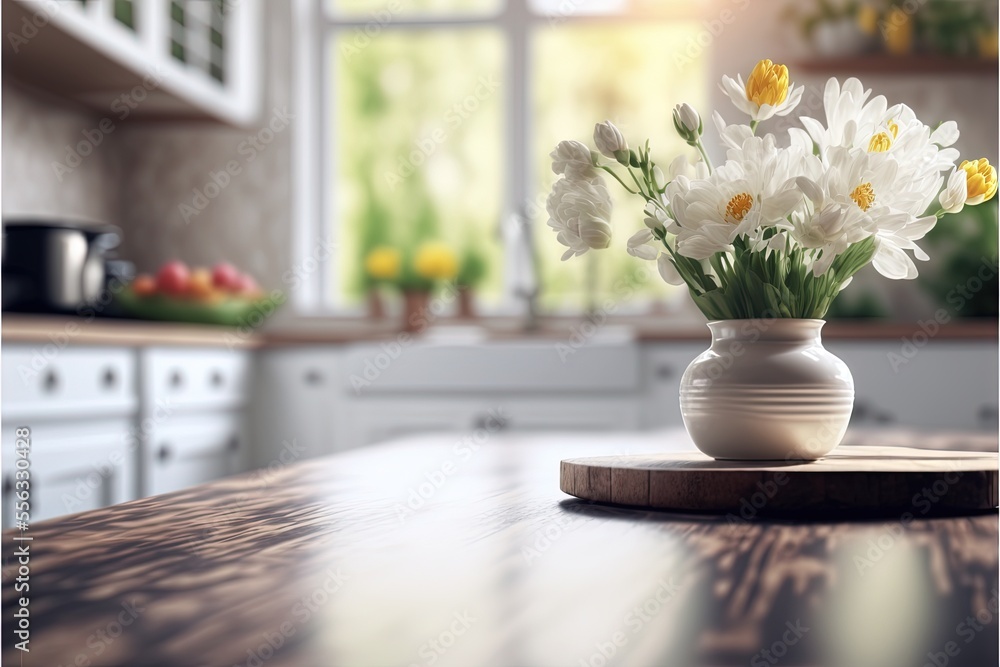 Poster a vase with flowers on a table in a kitchen with a window in the background and a cutting board on t