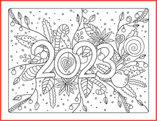 Christmas celebration, happy new year coloring page. Coloring Page for the Year 2023: Capture the Unique Moments of the Next Year with Color!"