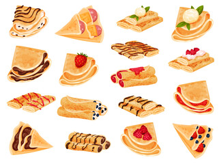 Pancakes with different stuffings set. Rolled crepes stuffed with strawberry, berry, raspberry, chocolate cartoon vector - obrazy, fototapety, plakaty