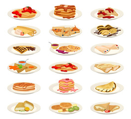 Pancakes with different stuffings set. Rolled crepes served with cartoon vector