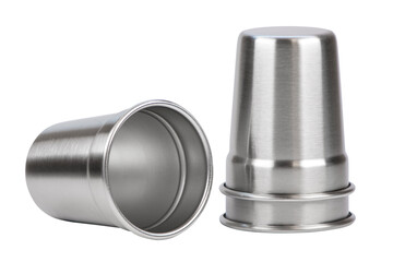 Steel shot glasses isolated on white background. Bar accessories and tools for making cocktail.