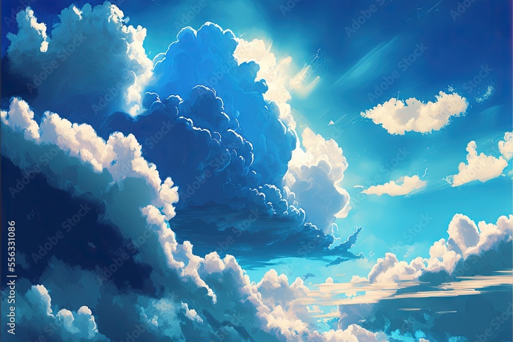 Poster a painting of a blue sky with clouds and a sun in the background with a pink frame around it., gener