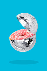 Composite photo collage of fantastic bizarre glazed pink donut inside sphere disco ball shine party...