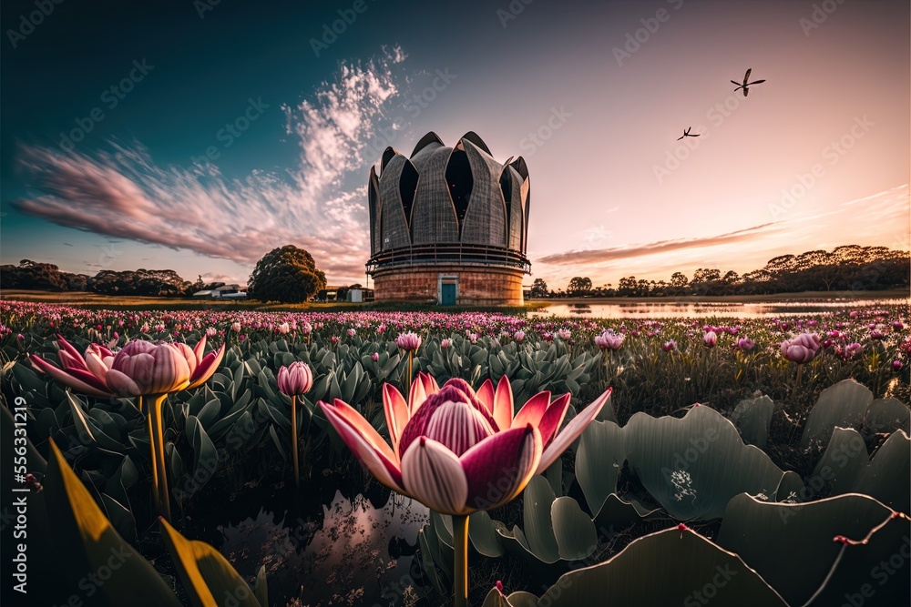 Poster a field of flowers with a building in the background and a plane flying overhead in the sky above it